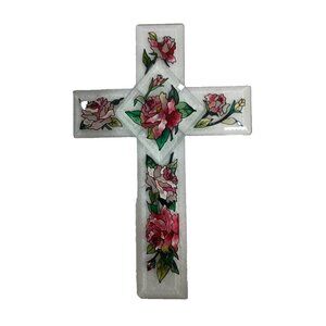 Vintage Hand Painted Floral Glass Suncatcher Cross Window Art Amia Studio New